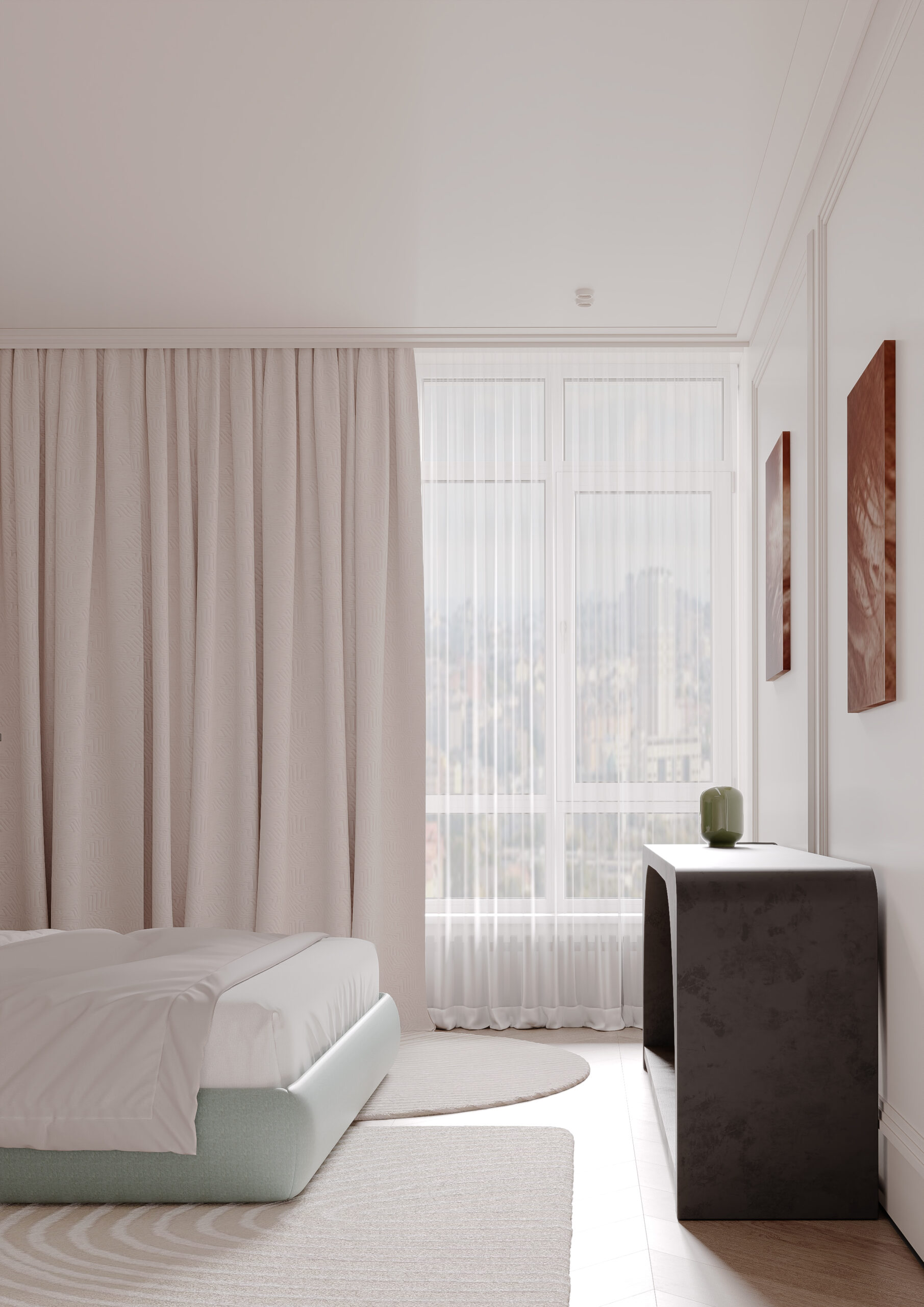 The bedroom has a view along the table