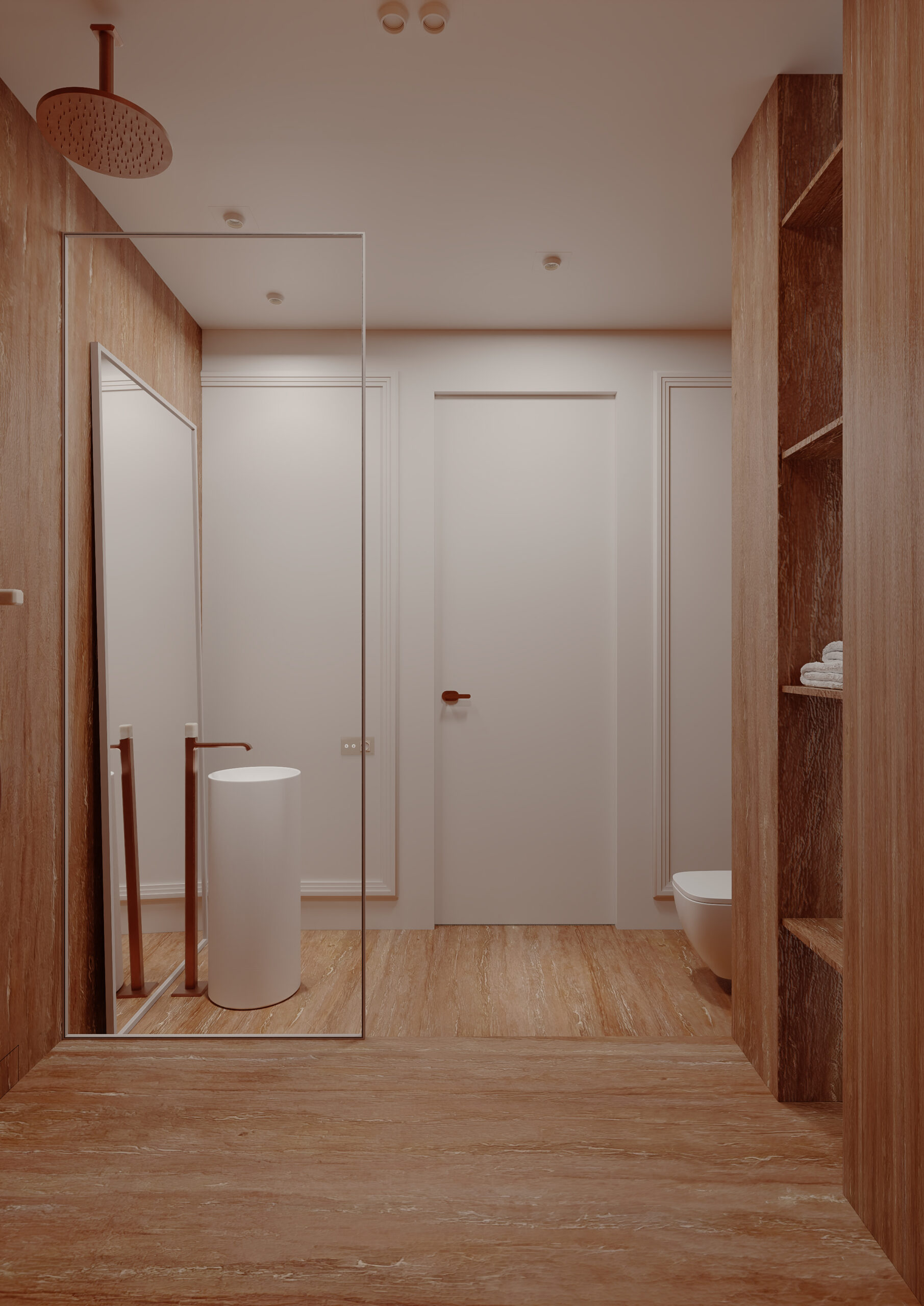 The guest bathroom overlooks the door