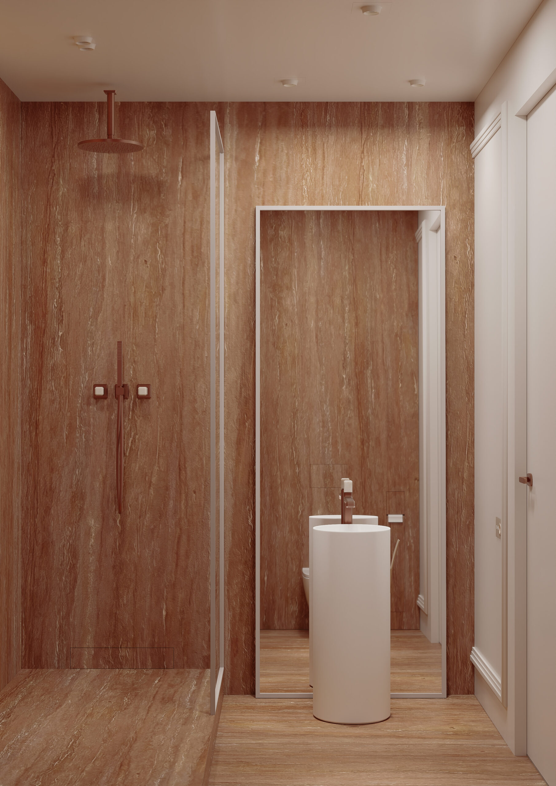 The guest bathroom overlooks the sink