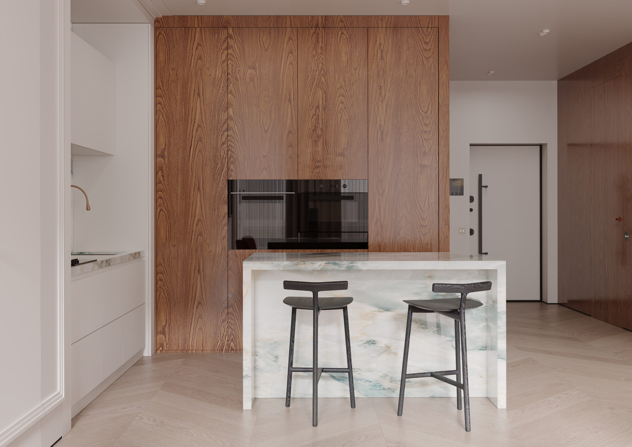 The kitchen overlooks the oven