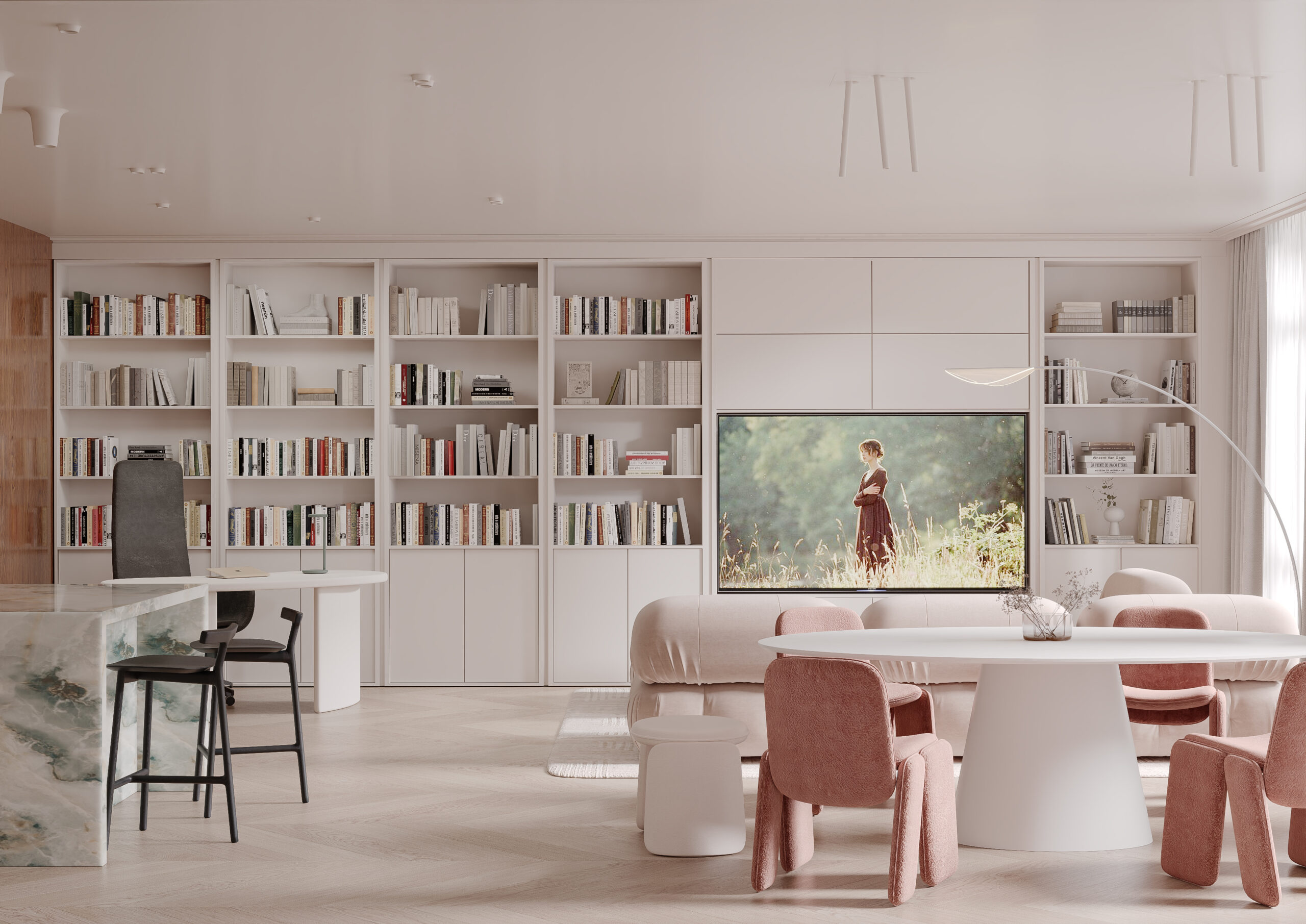 The living room overlooks the bookshelf
