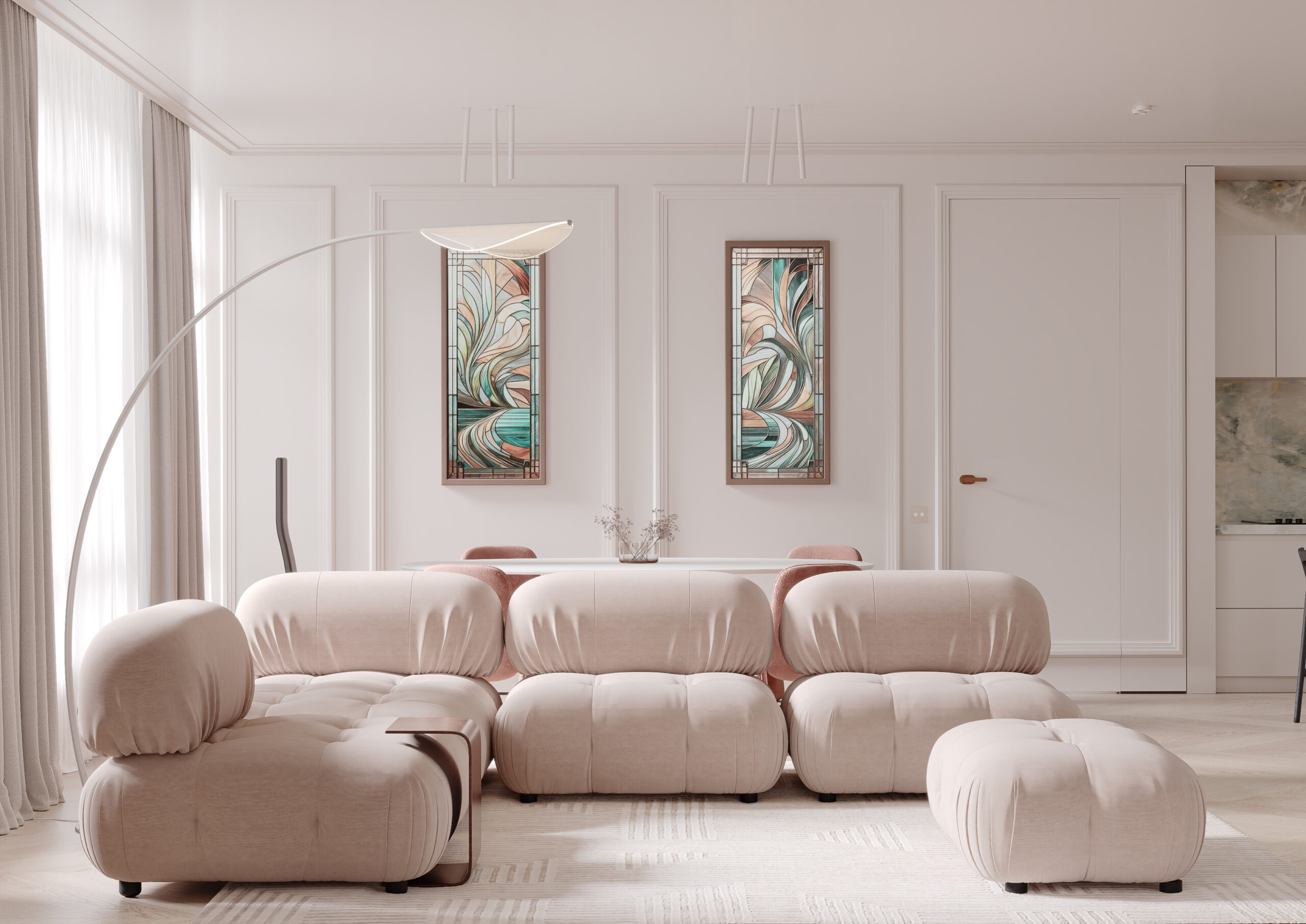 The living room overlooks the dining area