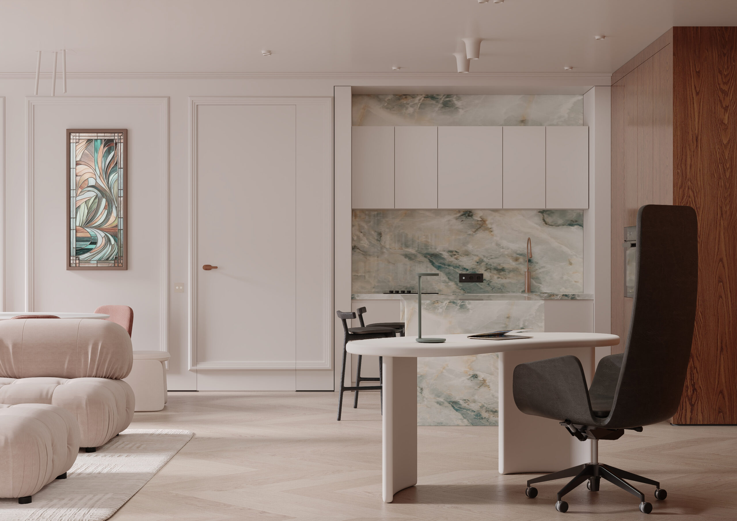 The living room overlooks the kitchen