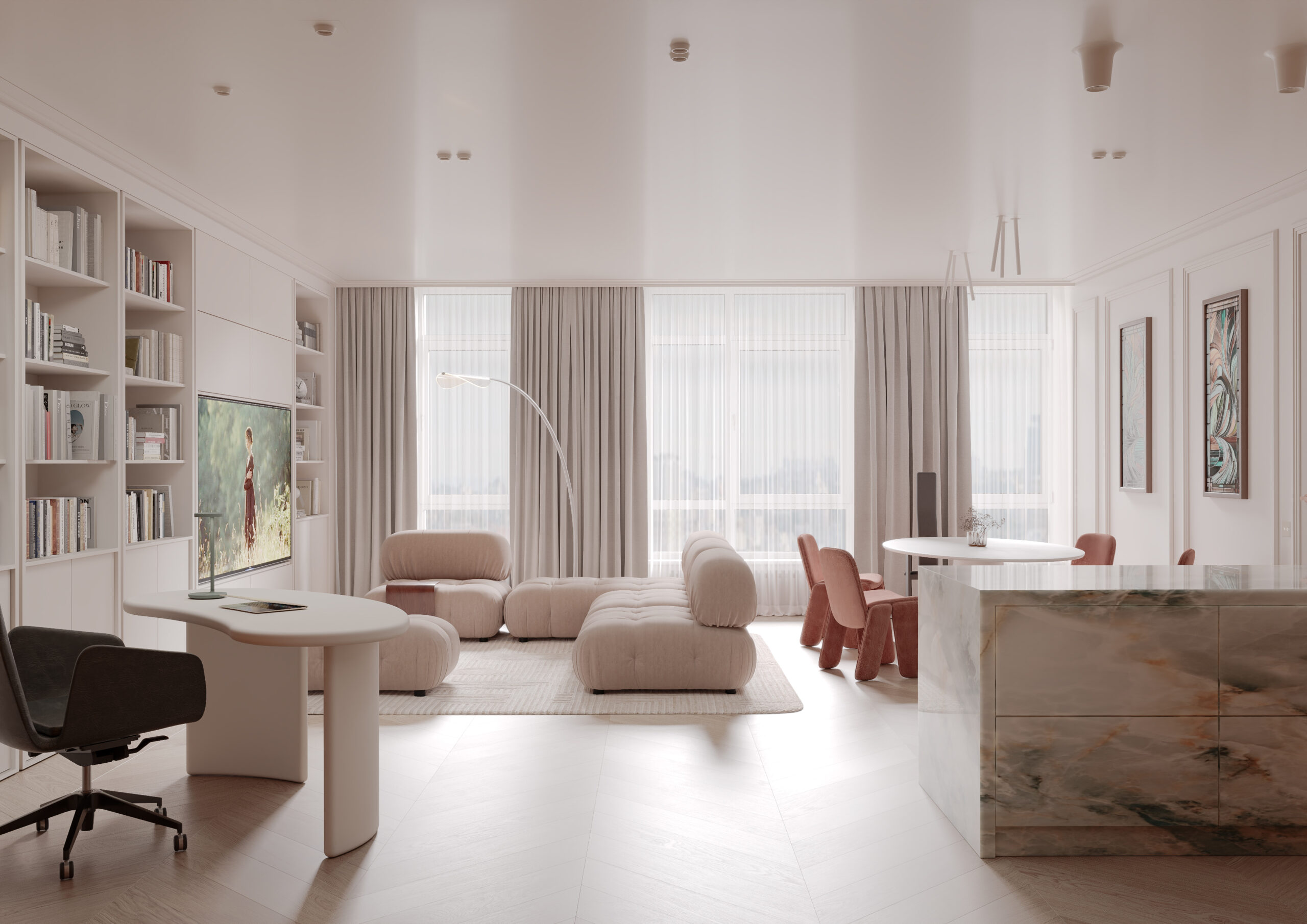 The living room overlooks the window