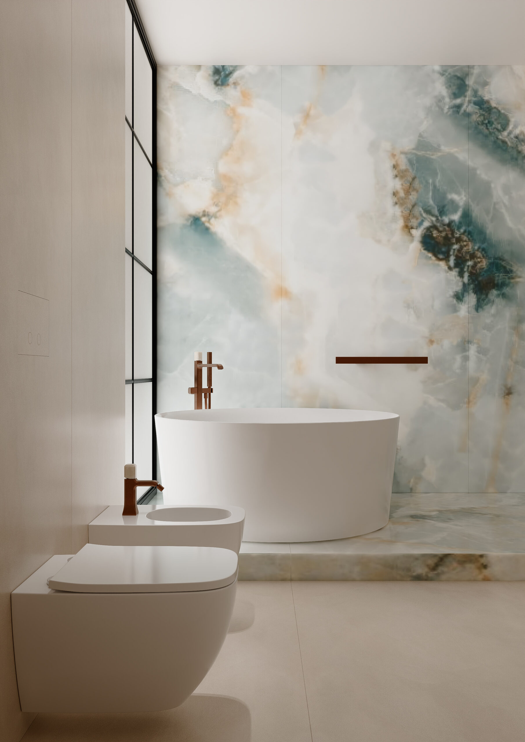 The master bathroom overlooks the bathtub