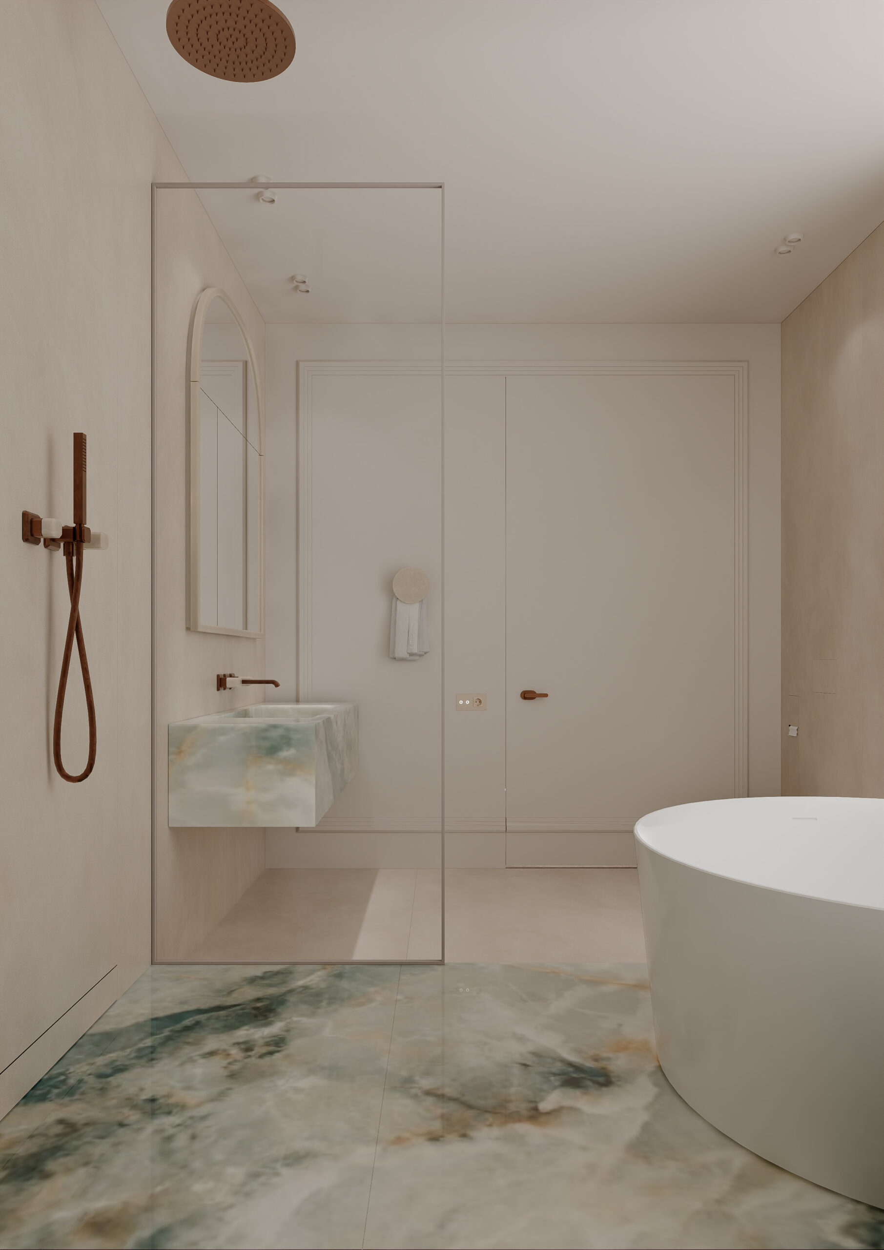 The master bathroom overlooks the door