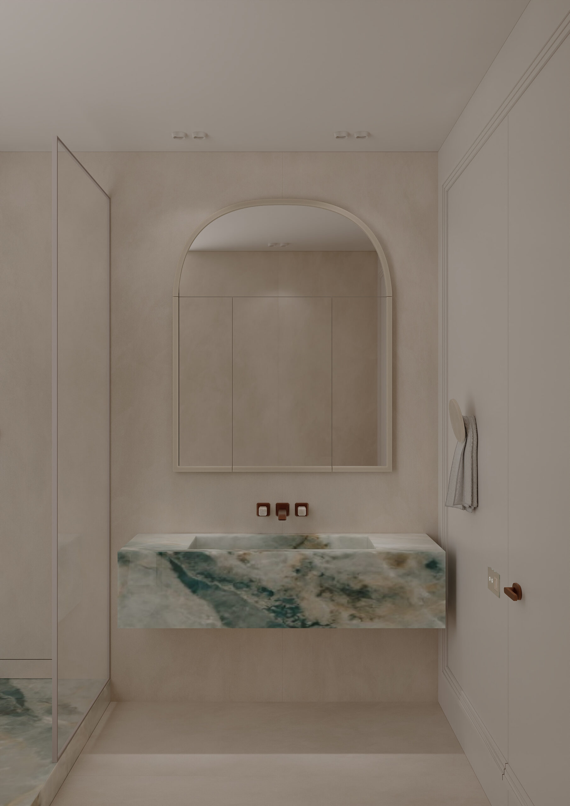 The master bathroom overlooks the sink