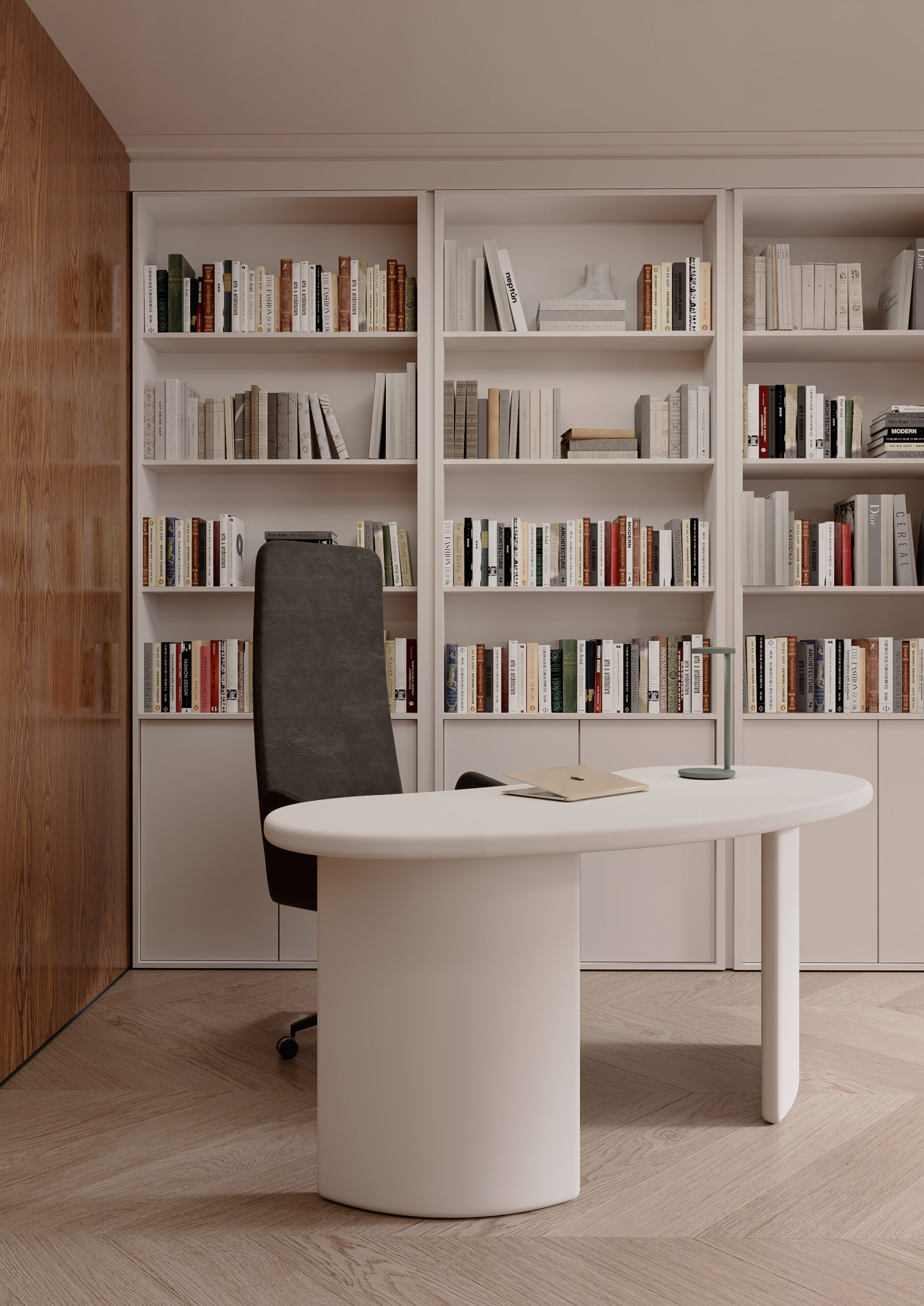 The workspace overlooks the bookshelf