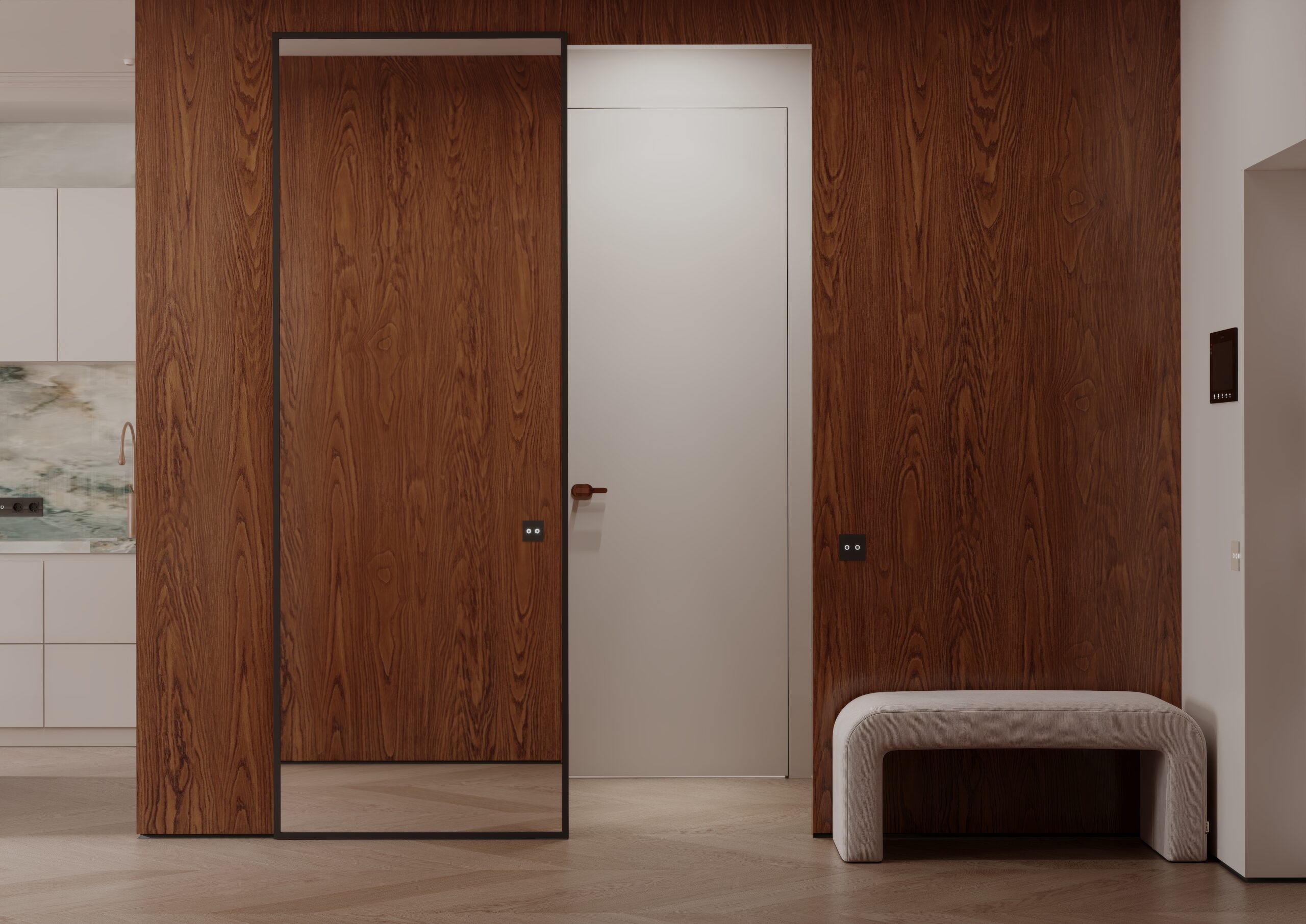 The living room overlooks the wardrobe entrance